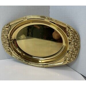 Vintage Brasscrafters Oval Solid Brass Gold Tray Ornate Embossed Fruit Design